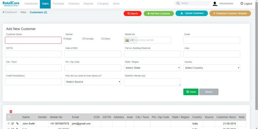 Add customer in retailcore software