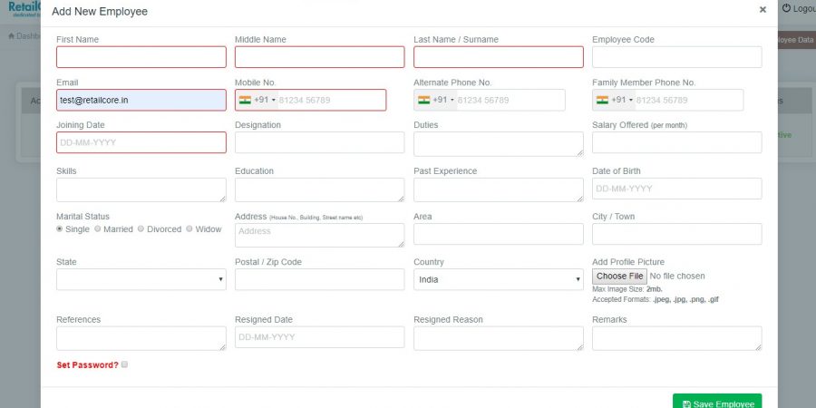 Add employee in Retailcore software