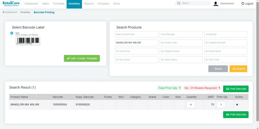 Barcode label printing in Retailcore software