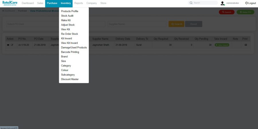 Inventory management through Retailcore Software