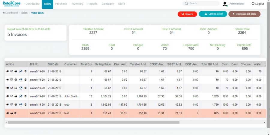 Sales invoice in Retailcore software