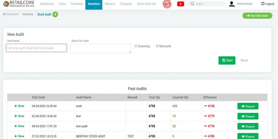 Stock Audit Screen of RetailCore Software