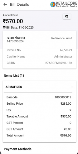 Sales bill preview on Retailcore Billing App
