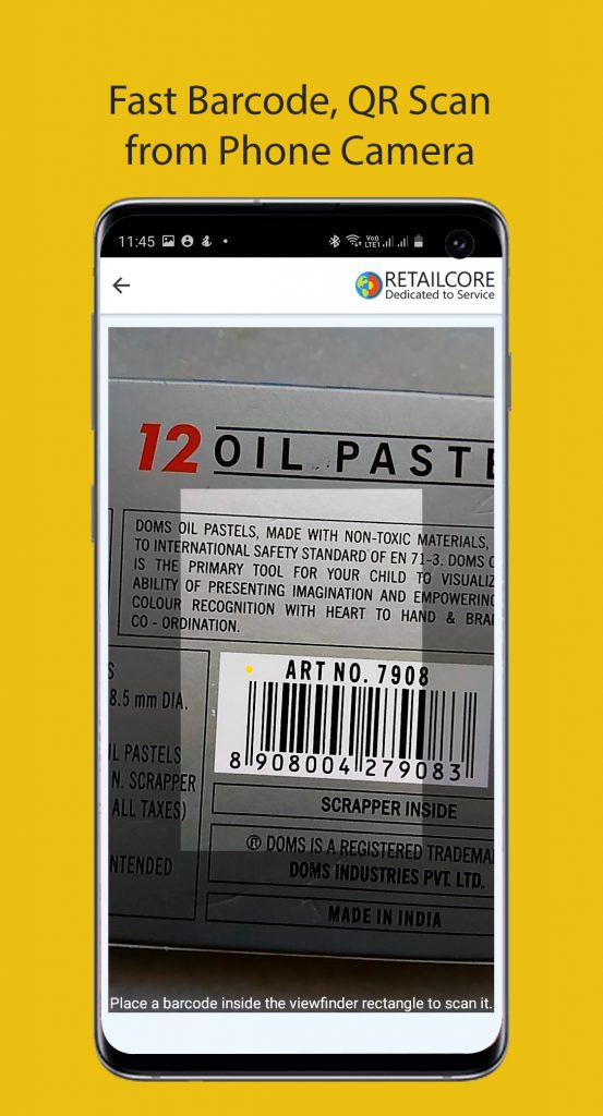 Mobile App screen showing barcode, QR code scan from phone camera