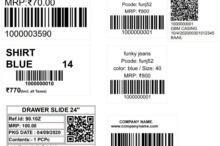 Barcode and QR code label samples from RetailCore Software