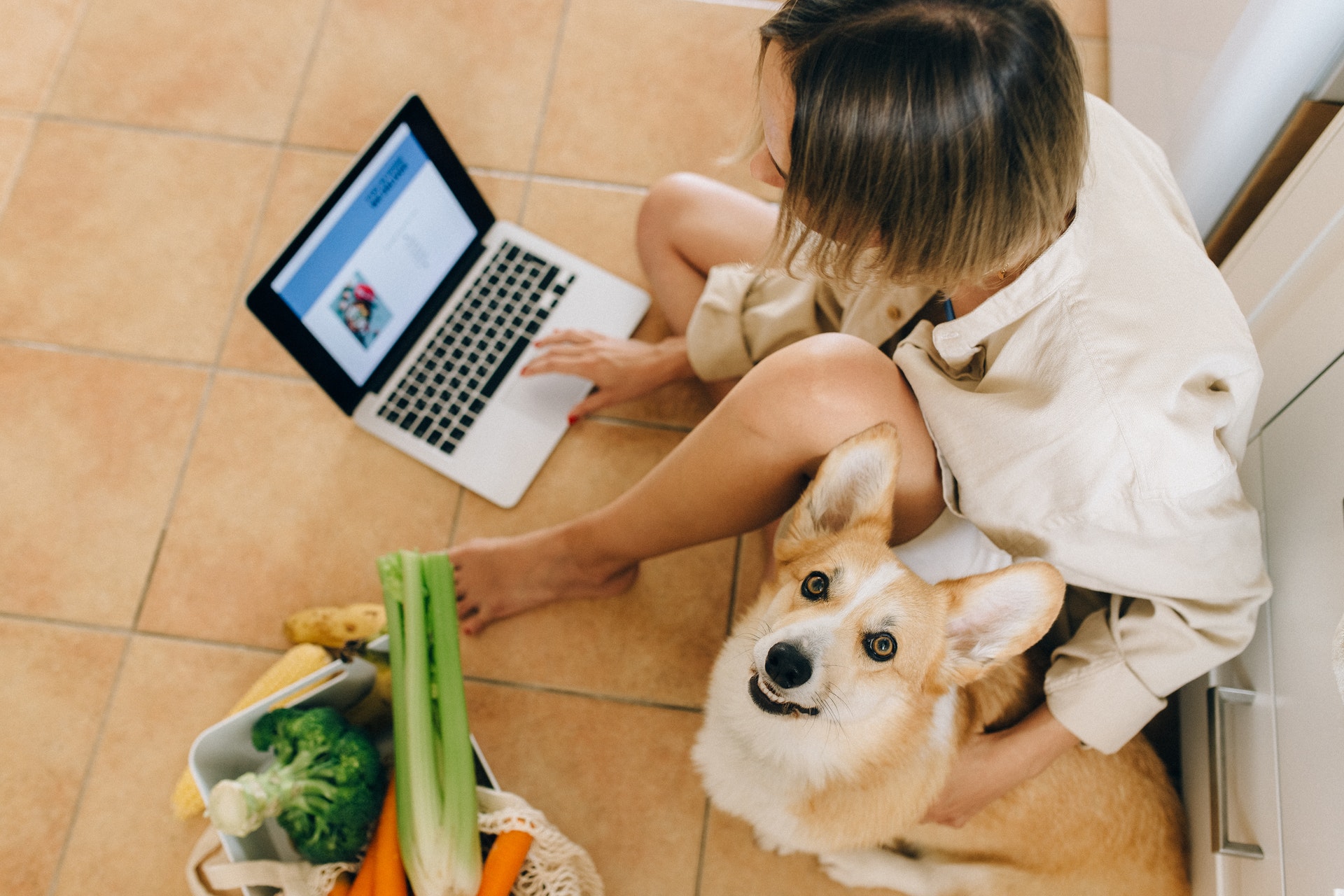 Customer buying online pet products having dog beside her.