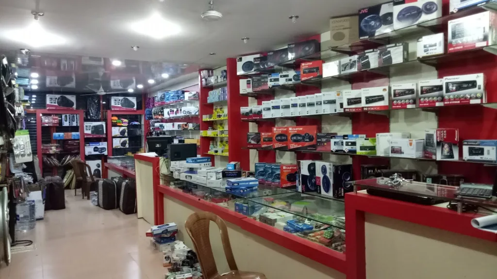 Car accessories retail store interior with inventory on display to sell