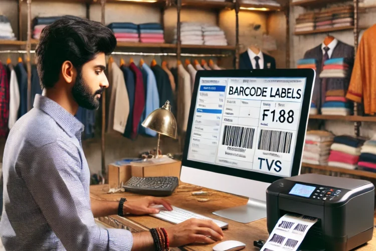 An Indian clothing store owner printing barcode labels from a computer setup with a separate barcode label printer