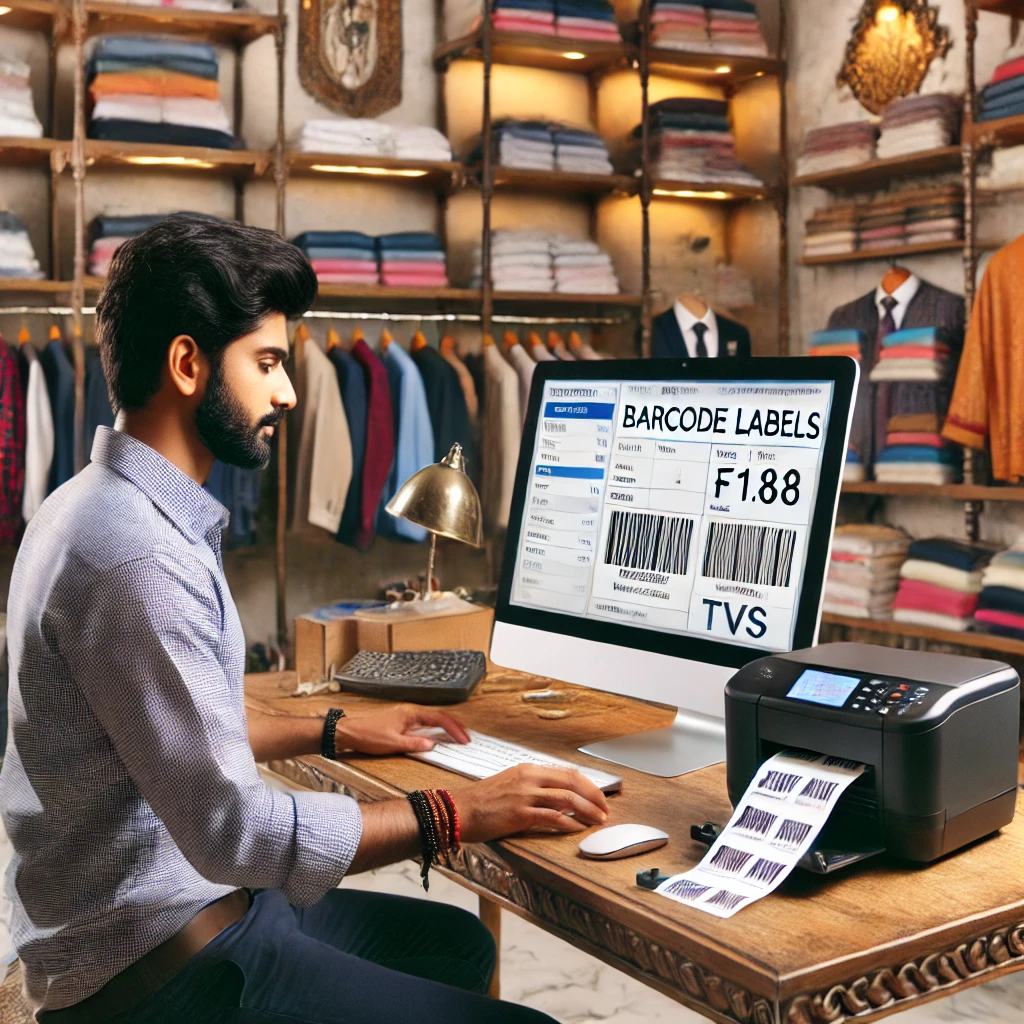 An Indian clothing store owner printing barcode labels from a computer setup with a separate barcode label printer