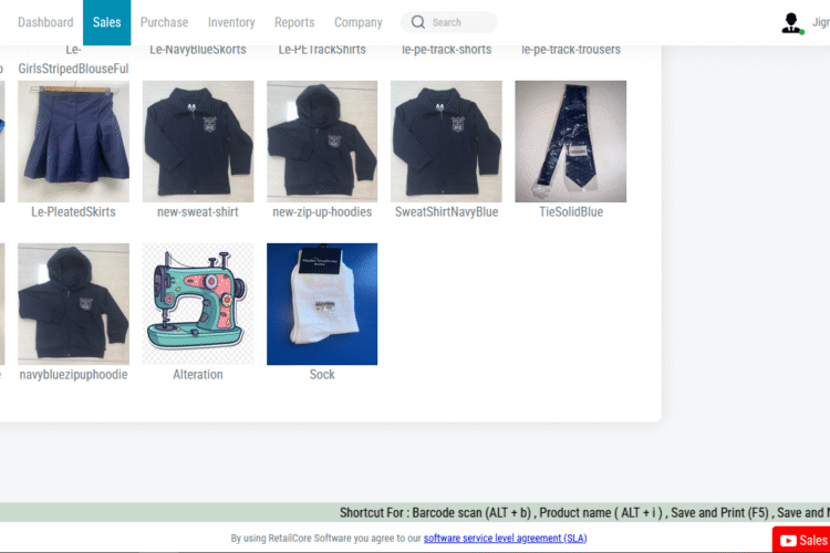 RetailCore software screen for school uniform inventory management