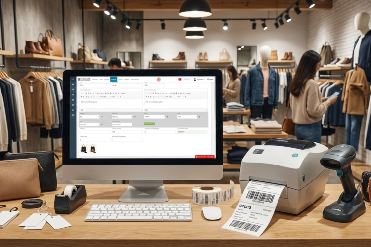 Desktop computer showing retailcore software in use at Fashion apparel, clothing, accessories retail store. Desk also has barcode label printing from software.