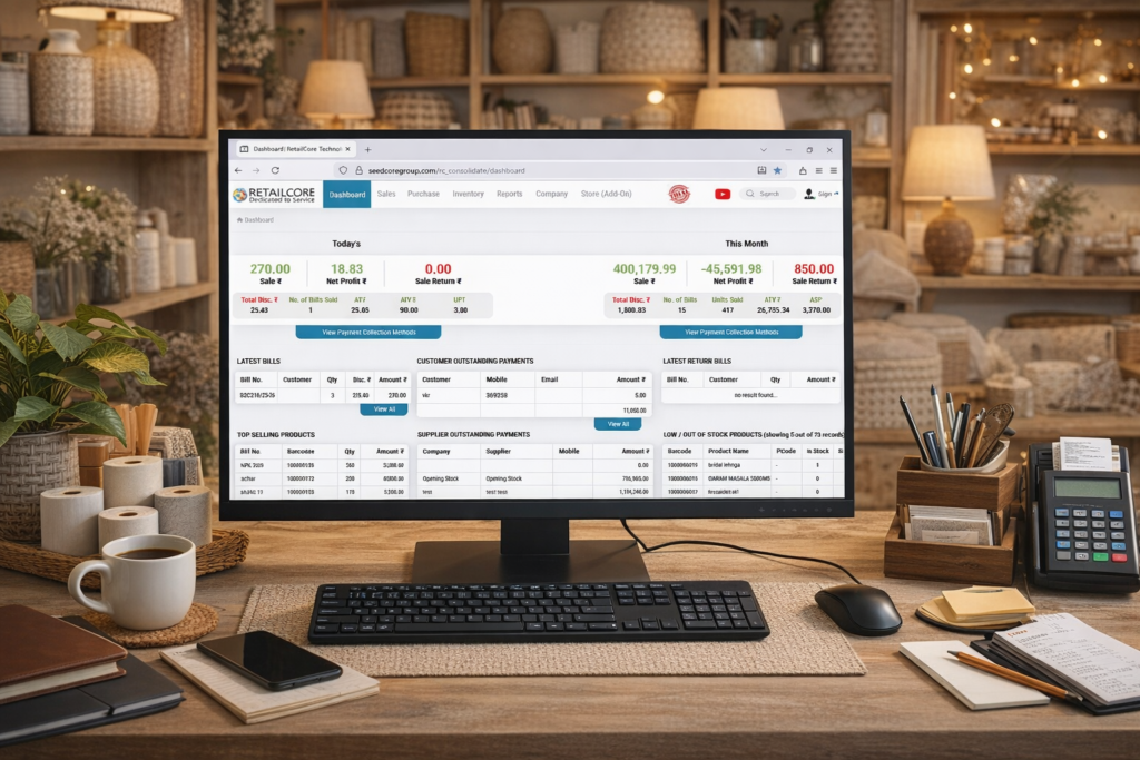 Home Decor retail store operating retailcore software for billing barcode inventory management