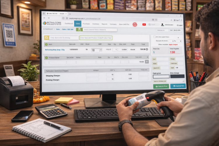 Retail store owner scanning barcode label at billing coounter using retailcore software