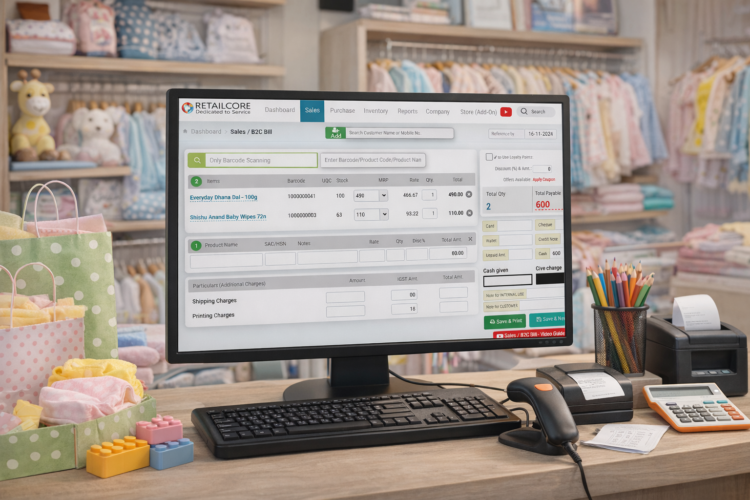Office manager in a clothing retail store using RetailCore inventory management software on a desktop computer, displaying product kit list, stock details, and cost tracking with organized garments in the background.