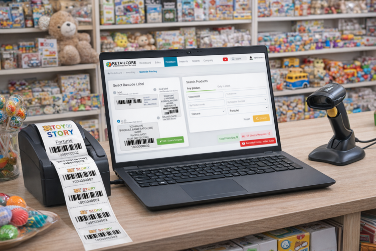 RetailCore barcode printing screen on laptop at toy store counter with label printer printing toy store barcode stickers and barcode scanner beside it, toys displayed in background.
