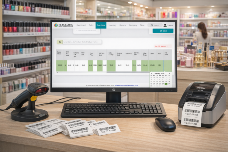 retailcore software at cosmetic retail store for billing and barcode and inventory management