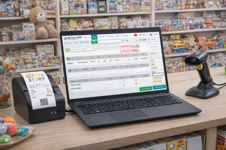 Toy store billing counter with a laptop running RetailCore software, a barcode scanner on a stand, and a thermal receipt printer printing a bill with a toy store logo; colorful toys neatly displayed on shelves in the background.