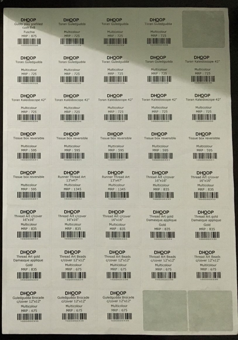 Barcode label printing on A4 sticker paper from RetailCore Software for billing