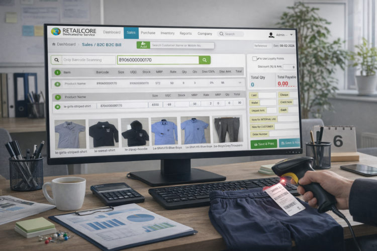 School uniform retail store software with barcode label and multiple location inventory management , bundle and kit management