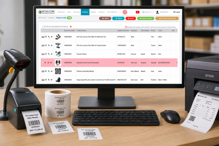RetailCore inventory management software running on a desktop computer with barcode scanner, barcode label printer, thermal receipt printer, and printed barcode labels for retail inventory management.